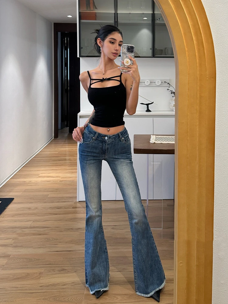 

Ретро-джинсы с глубоким синим оттенком, американского стиля, для модных девушек, с низкой посадкой, эластичные, утягивающие, микро-клеш, длиной в пол, женские