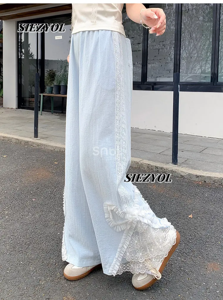 Spring and Autumn New Bow Lace Casual Pants Sweet Girl Style Loose Drape Elastic High Waist Solid Color Wide Leg Trousers