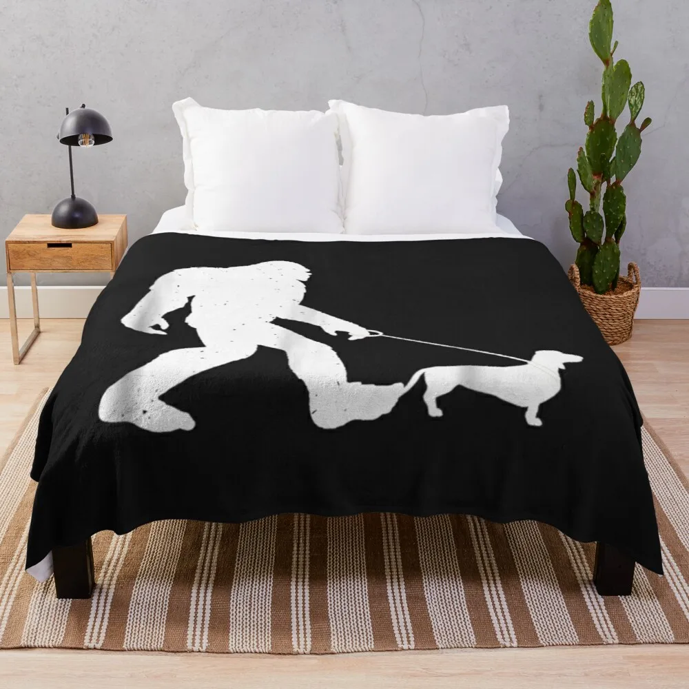 Bigfoot Walking Dachshund Shirt Funny Wiener Dog Throw Blanket Fleece throw and blanket from fluff sofas