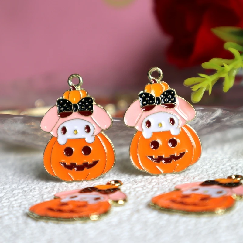 10pcs Bigger Anime Kawaii Sanrio Kuromi Hello Kitty Halloween Pumpkin Alloy Pendant Metal Charms DIY Keychain Jewelry Accessory