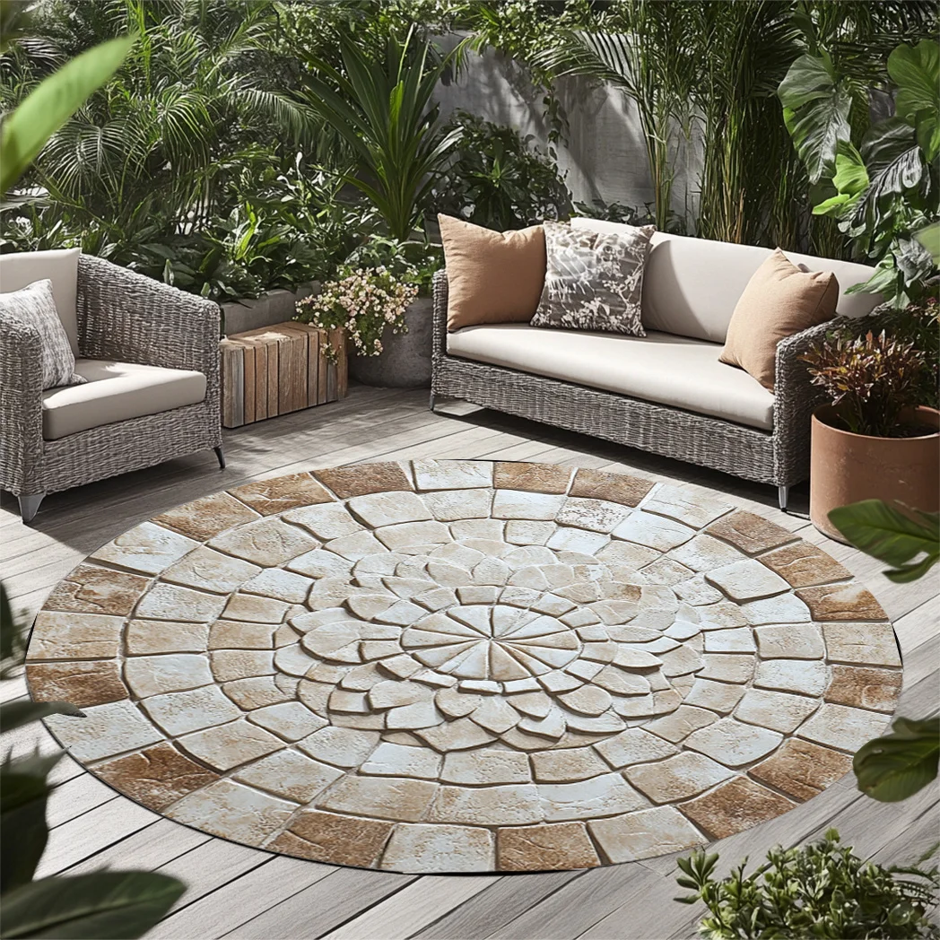 Luxury Round Mosaic Tile Patio Rug Outdoor Indoor Waterproof Polyester Floor Mat Moroccan Mediterranean Style Home Decor Area Ca