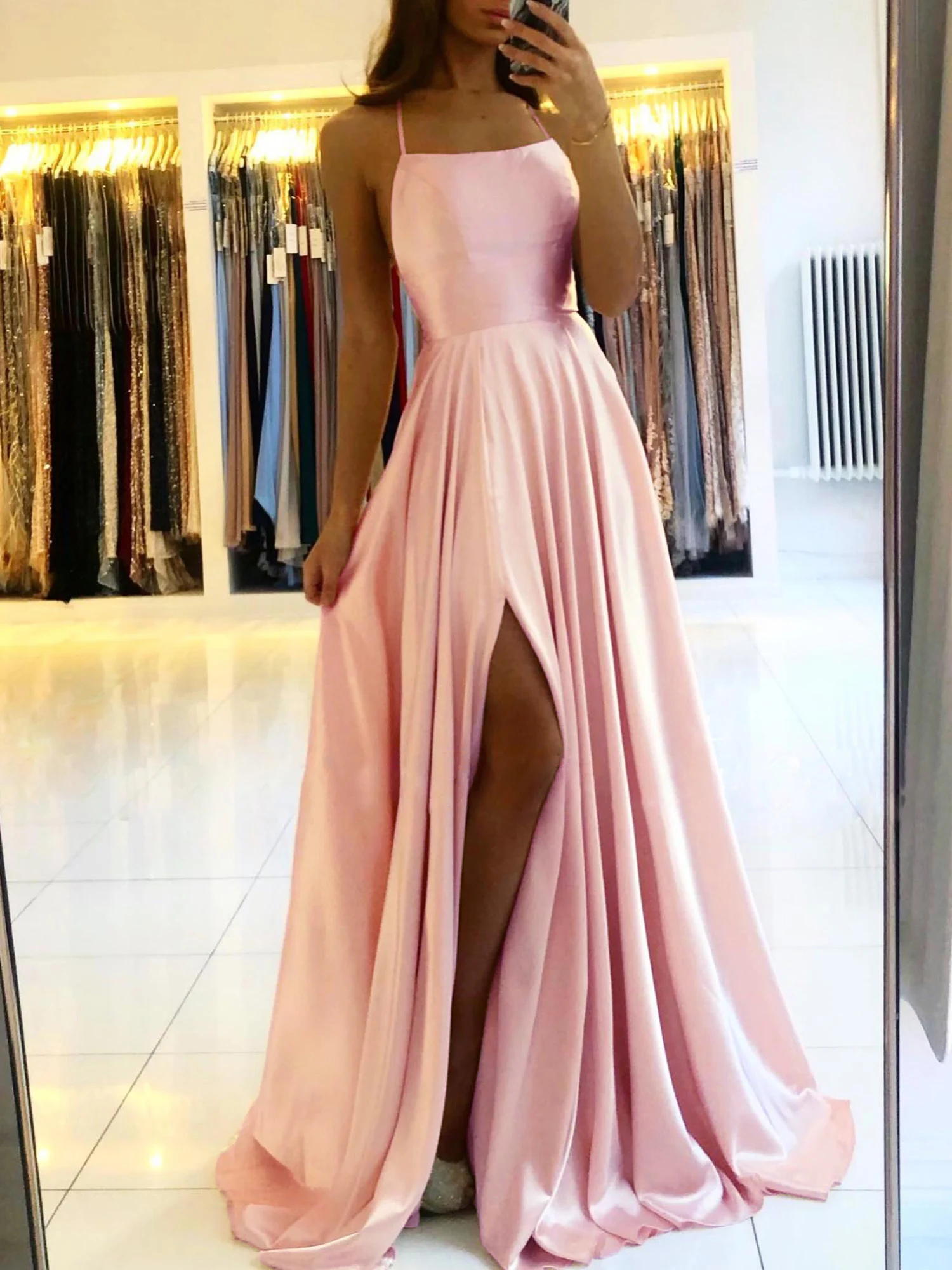 Wedding Prom Party Gowns Sleeveless A-line Long Satin Simple Spaghetti Straps Sexy Slit Vestidos Evening Dresses For Women