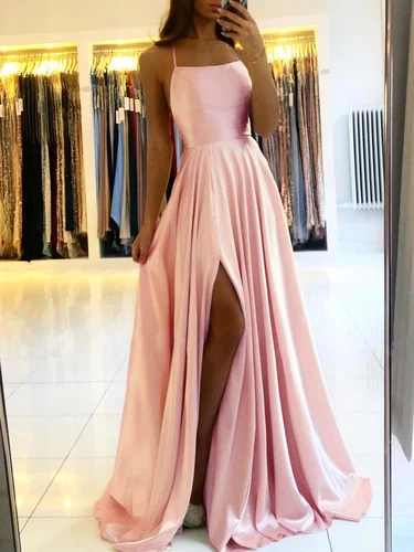 Imagen 2 del producto Vestidos de fiesta de graduación para boda, sin mangas, corte en A, largo de satén, tirantes finos simples, Vestidos sexis con abertura, Vestidos de noche para mujer