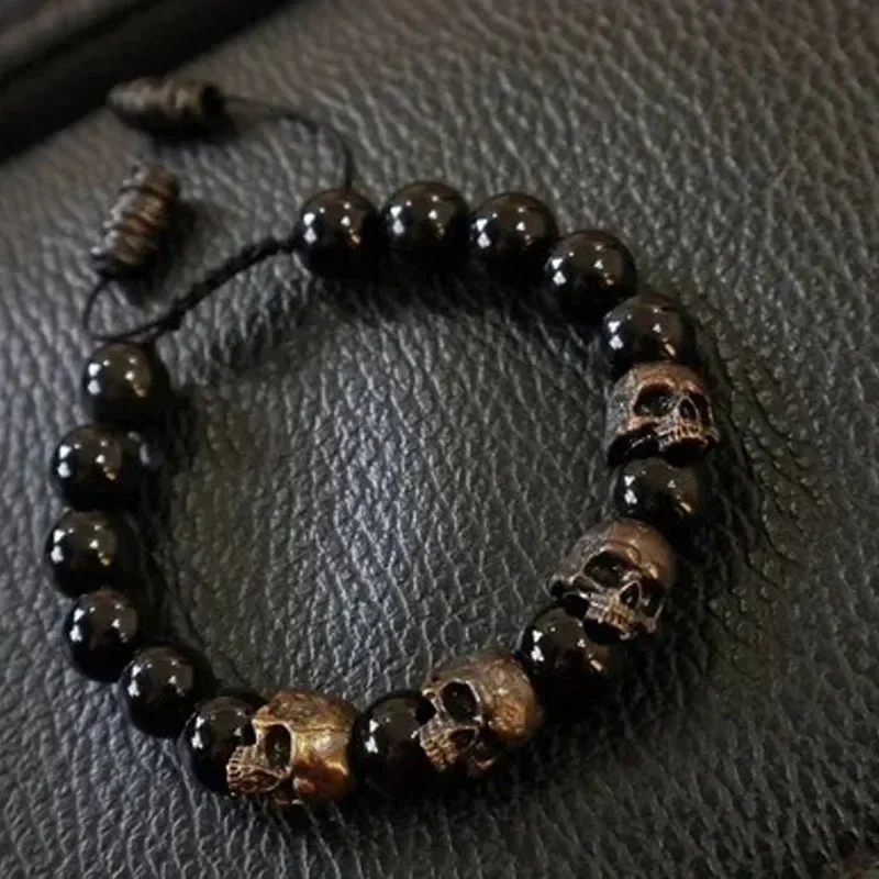 Dark Vintage Style Horror Skull Black Beads Charm Mens Bracelet Statement Steampunk Gothic Accessories for Women Fashion Jewelry