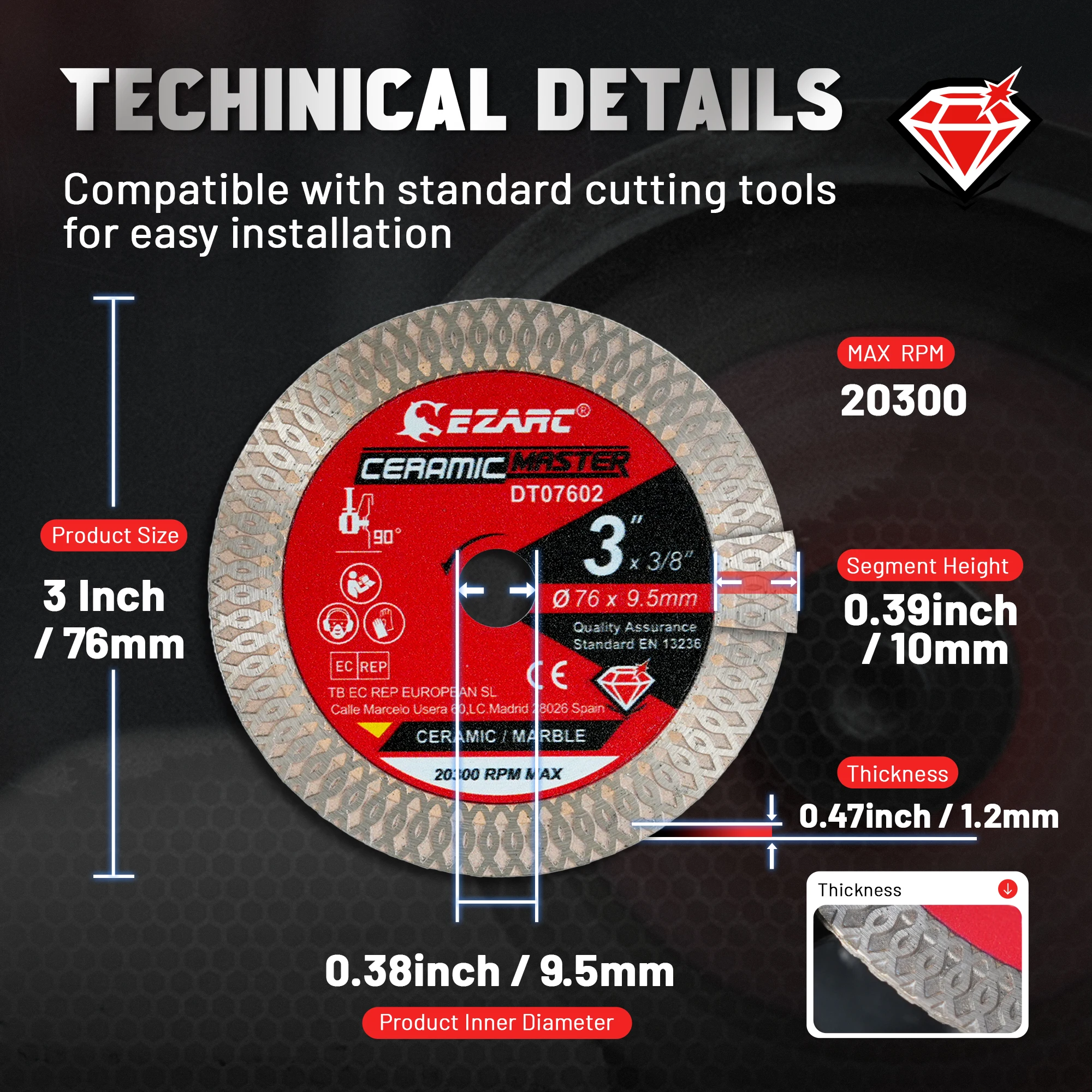 EZARC 3 inch Super Thin Diamond Blades, 2pcs Tile Blade, Diamond Saw Blades, for Smooth Cutting Ceramic Granite Marble Porcelain