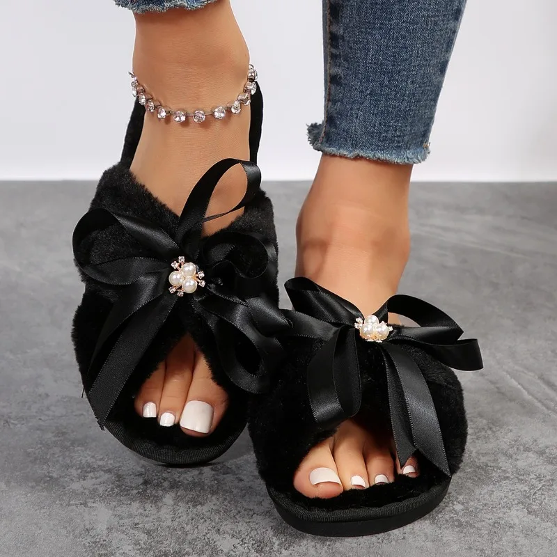 

New Autumn and Winter Woolen Slippers with Bows, Fashionable Indoor and Outdoor Slippers for Women,Warm Cross Slippers for Women