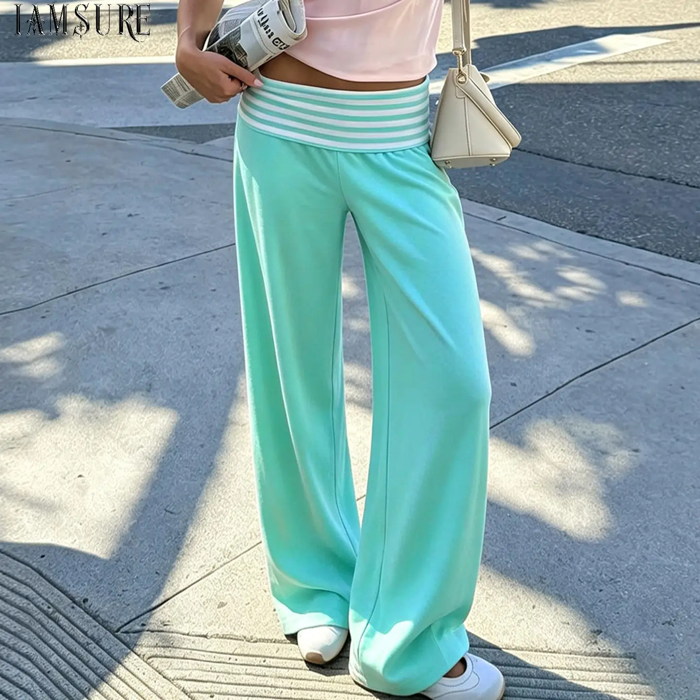 Women Y2K Mint Green Fold Over Striped Waist Wide Leg Pants Low Rise Stretchy Flare Trousers Casual Lounge Yoga Bottom Versatile