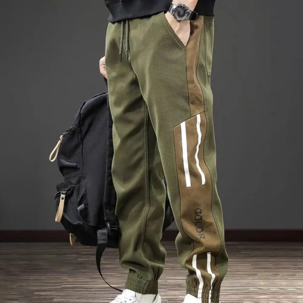 

Patchwork Men Trousers Men's Spring Fall Cargo Pants with Drawstring Waist Ankle-banded Pockets Contrast Color for Wear