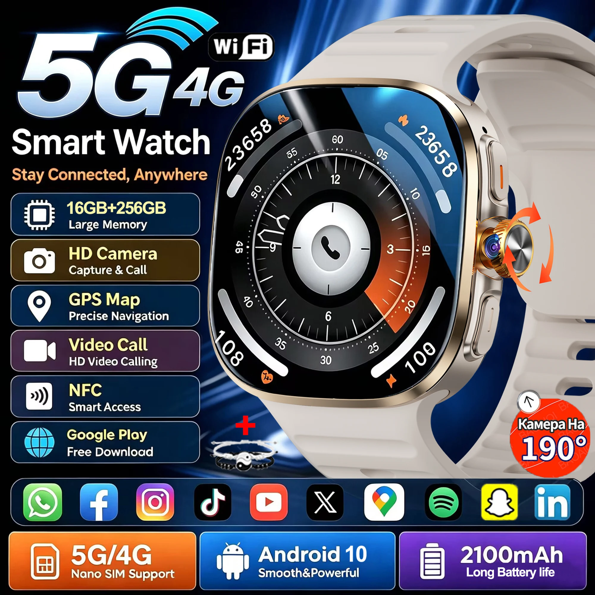 4G/5G Smart Watch Women 2.40 inch AMOLED 16GB+256GB RAM 2100mah HD Camera GPS WIFI Google APP Download Smartwatch Men Android 10