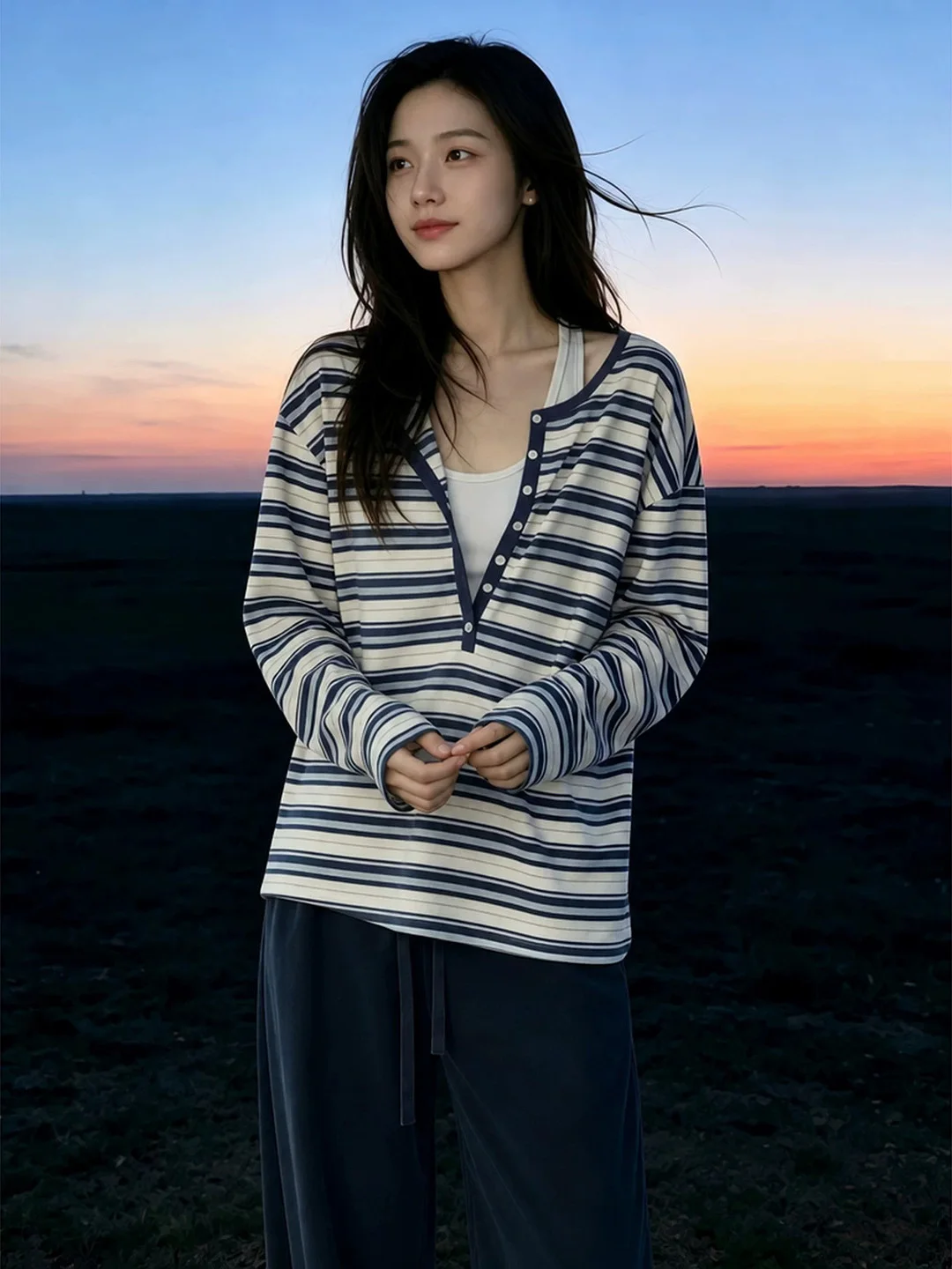 Loose Fit Korean Style Long Sleeve T-Shirt Women's Autumn Casual Stripe Pattern Button up Top Comfortable Breathable Sweat Ab...