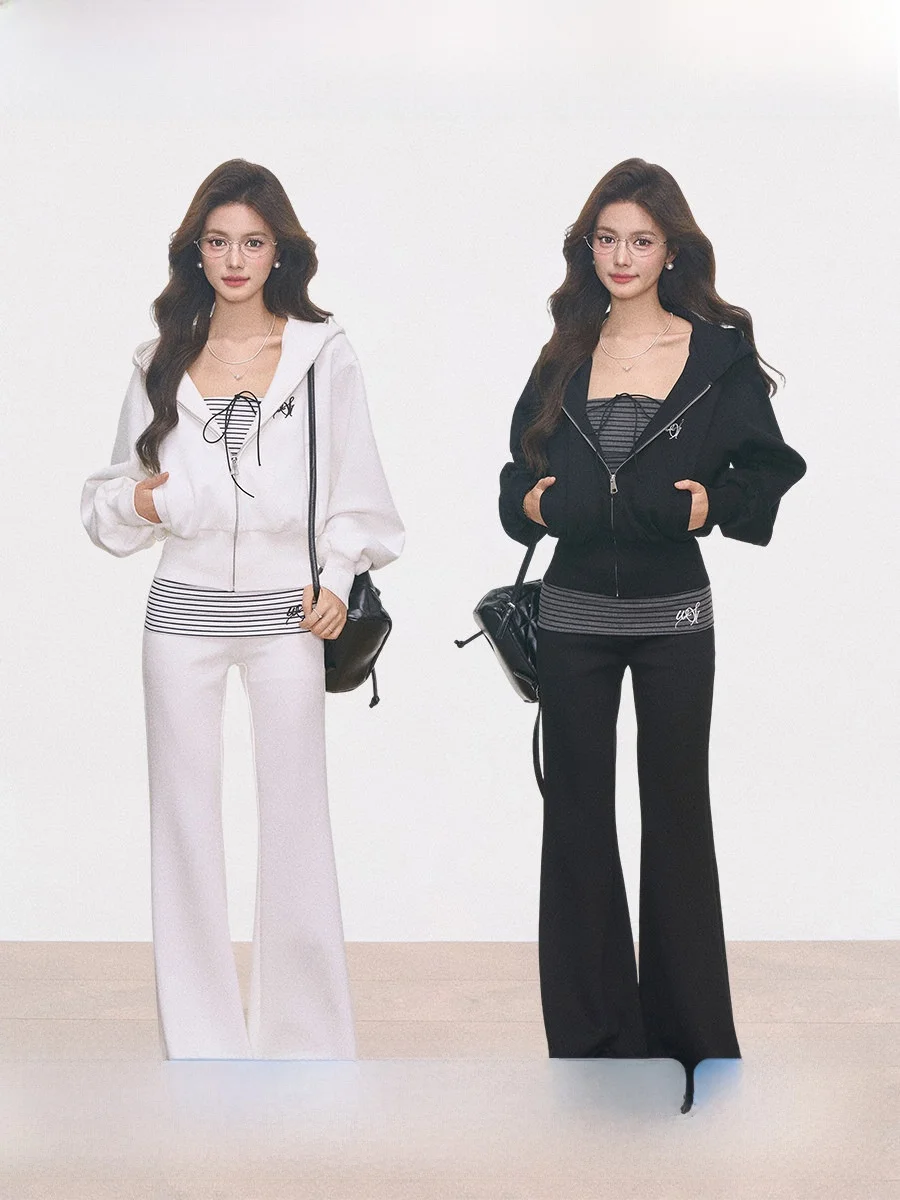 

Женская толстовка-худи Westayone Lazy Sle с полосатыми брюками микро-клеш и свитером-пальто: Новинка, дизайнерская сенсация, стильная модель