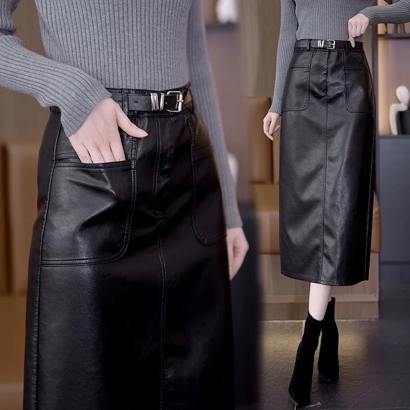 الشتاء بو الجلود تنورة عالية الخصر ميدي مستقيم خطوة واحدة التفاف الجسم تنورة قصيرة ألف خط تنورة البوليستر النسيج لون نقي #4