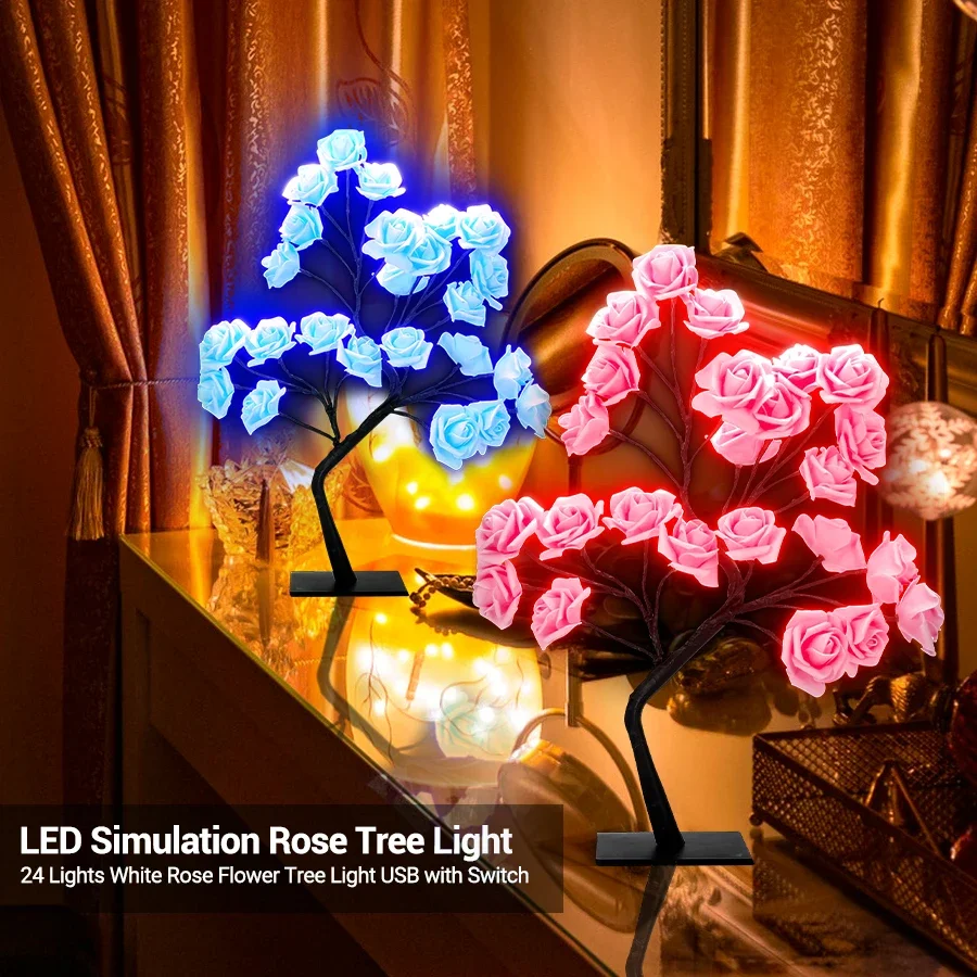 24 LED Rose Tree Lights Fairy Flower Night Light  USB Plug Table Lamp For Home Party Christmas Wedding Bedroom Decoration Gift