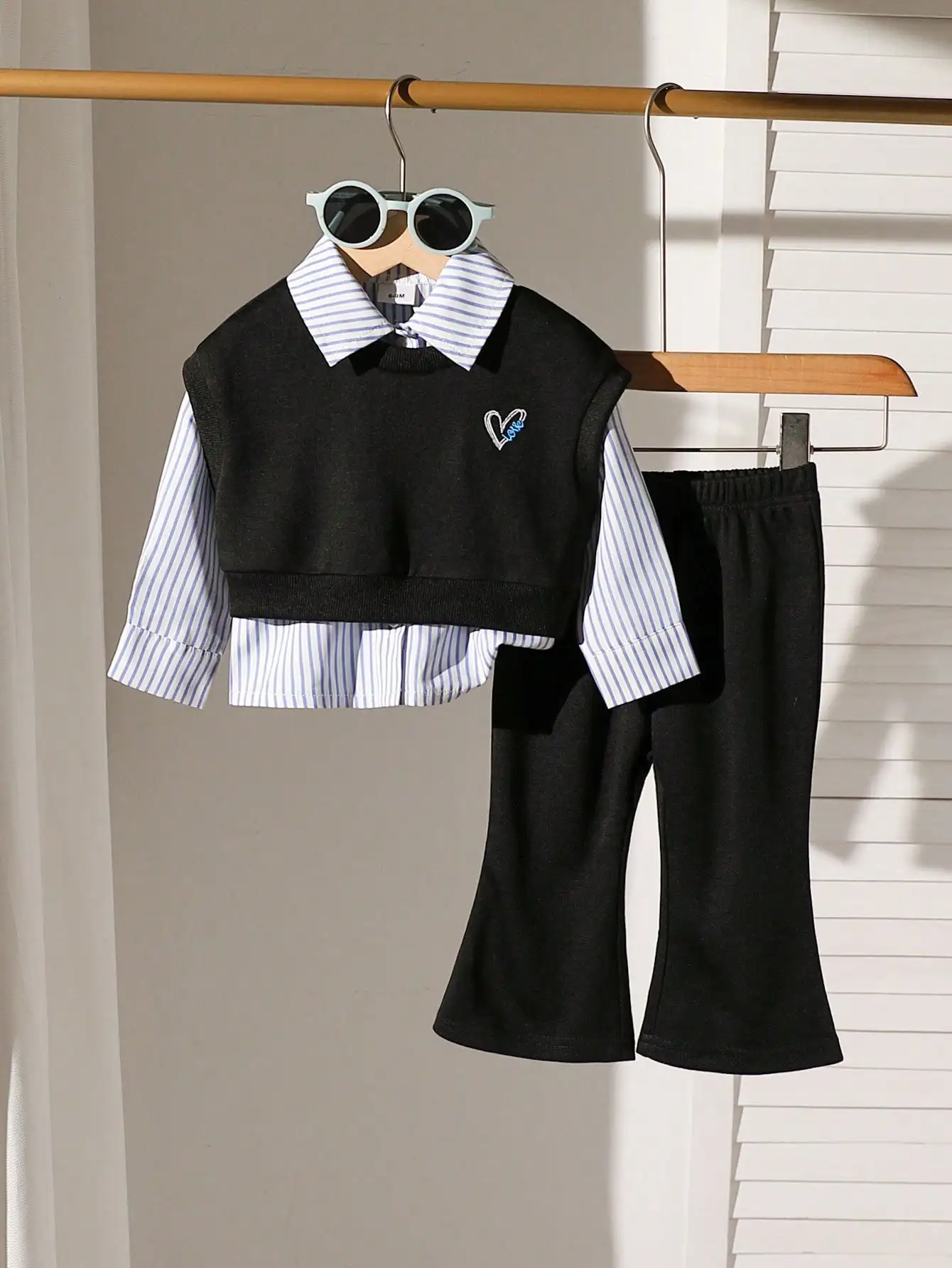 Two piece set of baby girl heart embroidered sleeveless vest and striped long sleeved shirt with flared pants, casual college st