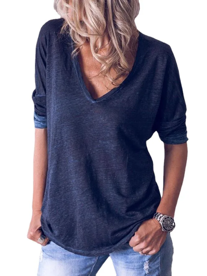 202 새로운 여성용 긴팔 브이넥 루즈 컬러 티셔츠 스트리트 스타일 폴리에스테르 여름 패션 캐주얼 스트레이트 컷 탑