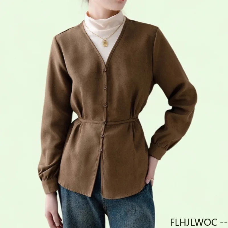 

2025 Spring New Khaki Standing Collar Patchwork Fake 2-Piece Tops Women's French-style Casual Fashion Retro Button Basic Shirts