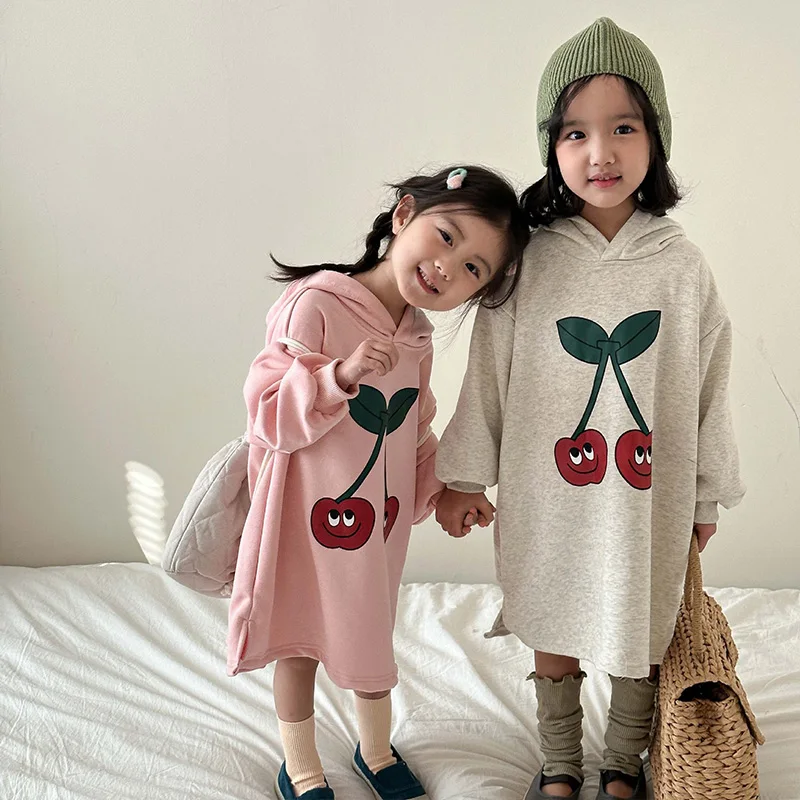 

18M-8Y Girls Dress Cherry New Spring Children Clothes Casual Sports Girls Print Hoodie Street Cartoon Sweater Dress Children