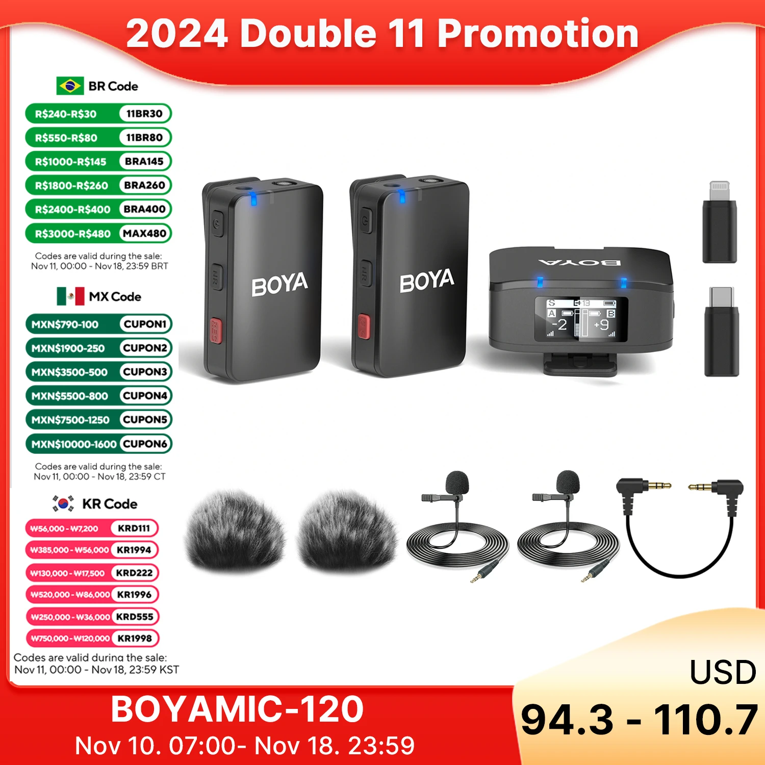 BOYA BOYAMIC-120 Wireless Lavalier Microphone with On-Board Recording for iPhone Android USB-C Devices Streaming Youtube Gaming