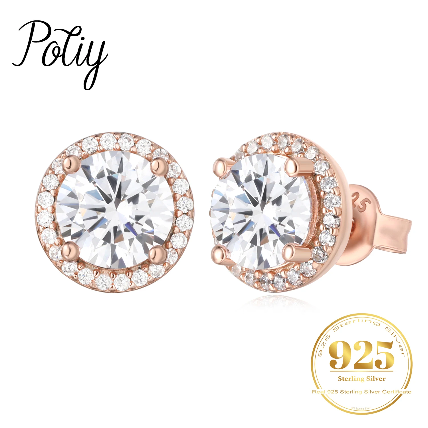 

Potiy Round Shape Total 3.29ct CZ Stud Earrings 925 Sterling Silver for Women Daily Wedding Party Jewelry Rose Gold Plated