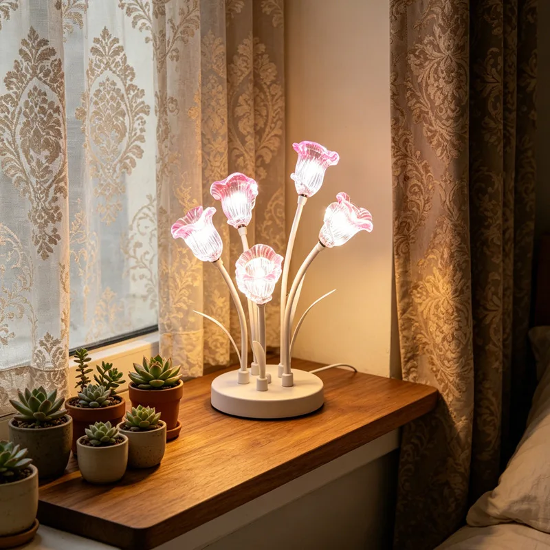 Modern Tulip Flower LED Desk Lamp Minimalist Bell Orchid Inset French Pastoral Style Cozy Bedroom Bedside Night Light Fixture