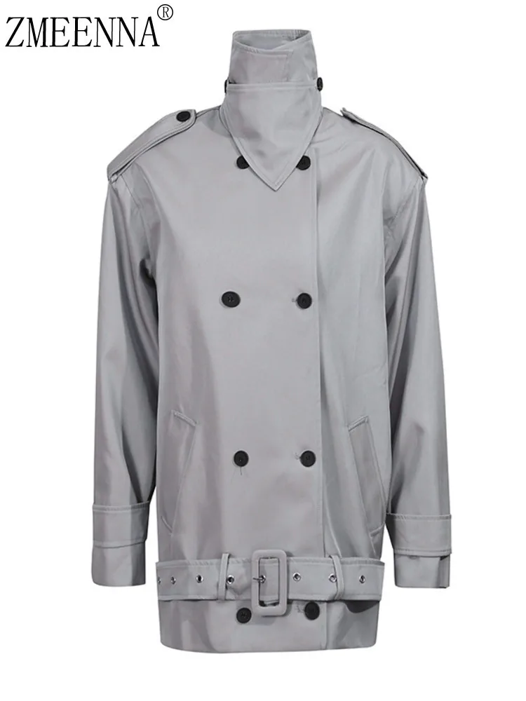 

ZMEENNA женский светло-серый двубортный короткий плащ с высоким воротником и поясом на талии, непромокаемая куртка, верхняя одежда ZM4244