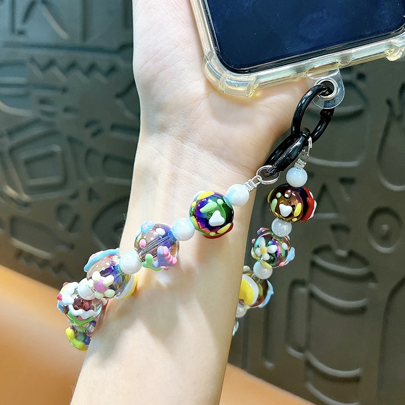 Color Painted Beads Phone Chain W/Card Sweet Beads Keychain Pendant Anti-lost Wrist Strap Earphone Case Charm Bag Decor