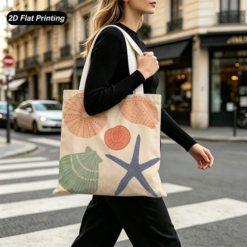 1PC【Tote Bag】2DFlat effect，ocean style and starfish print tote bag，Lightweight and large capacity，Adapted shoppi