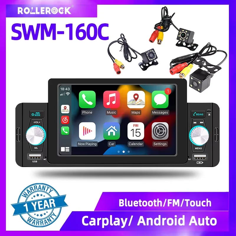 

Rollerock SWM-160C 1DIN 5 "автомобильный мультимедийный плеер Android AUTO/CarPlay микрофон зеркало LINK Bluetooth управление рулевым колесом MP5