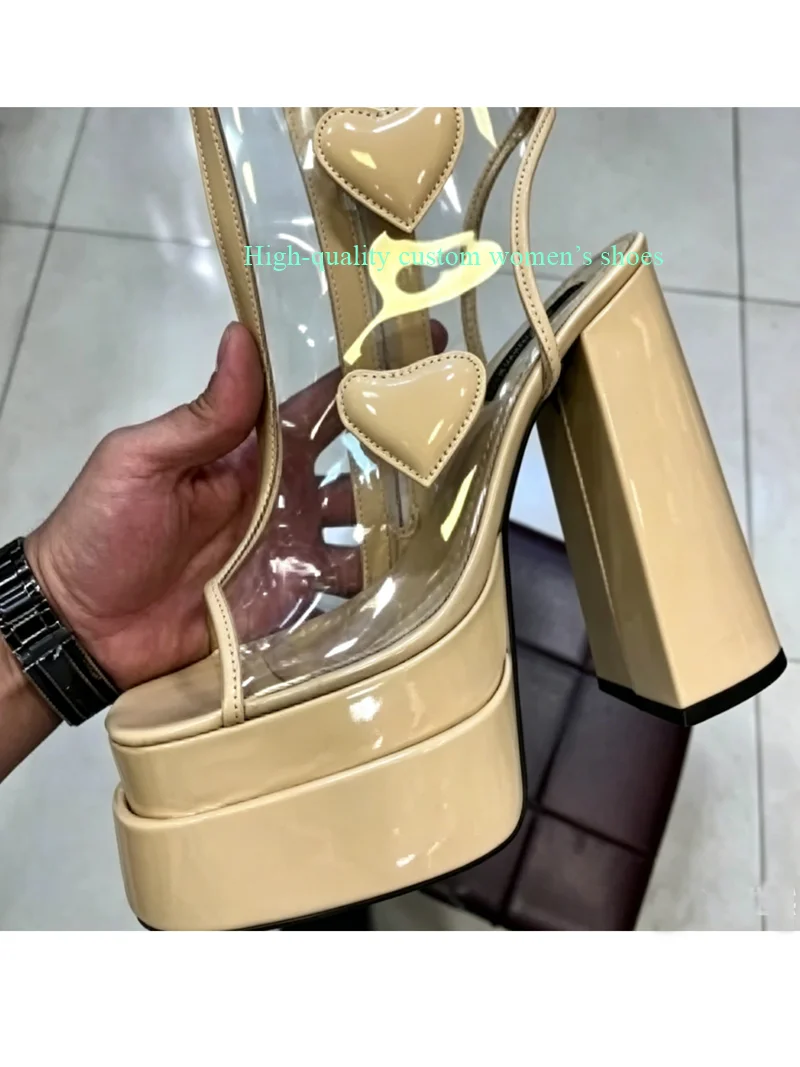 

Square With Exposed Toes Transparent Fabric Heart-Shaped Decorations Red High Heels Shuang Zeng Waterproof Platform Summer Boots