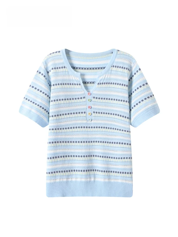 

Loose Striped Short Sleeve T-Shirt Women's Casual Style plus Size Summer New Fashion Comfortable Versatile Ice Silk Knitted Top