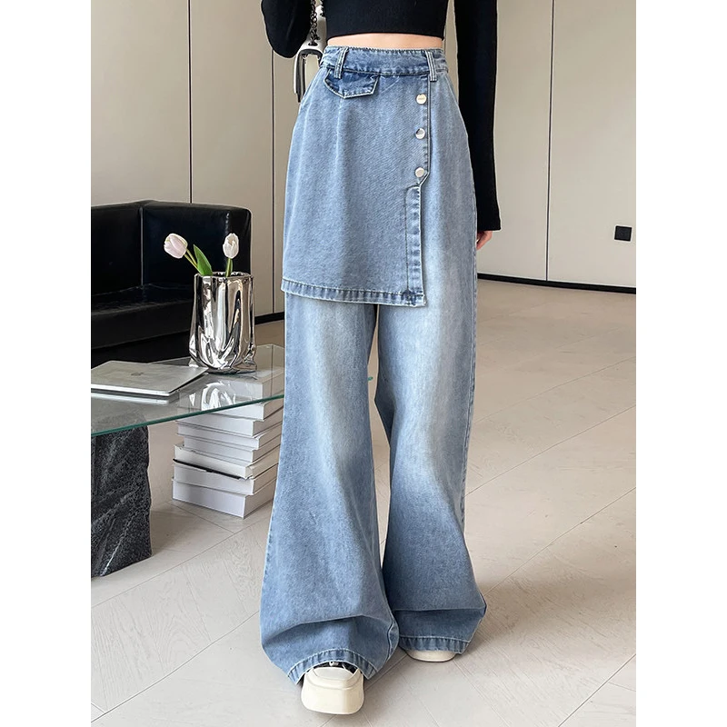 

Detachable Fart Curtain Women's Jeans 2026 Spring Blue Bootcut Wide Leg Pants Casual Loose Personalized Fake Two Pieces Trousers