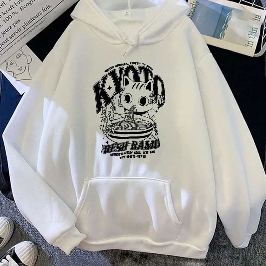 

Cute Kyoto Cat Print Men Woman Hoodies Cat Eating Lamian Noodles Pattern Harajuku Couple Clothing Street Fashion Graffiti Top