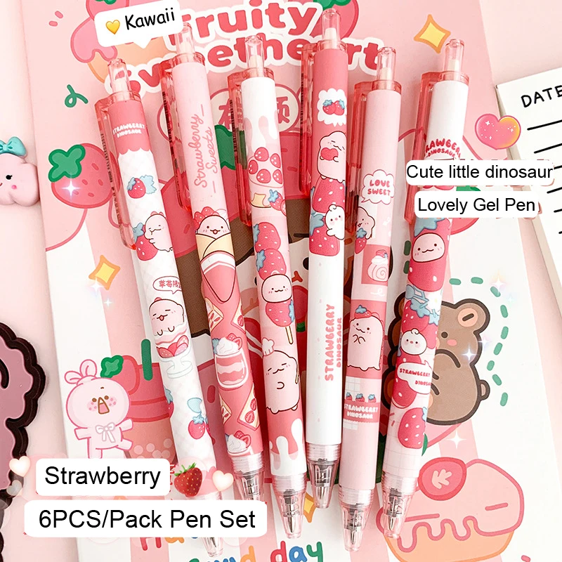 6PCS Strawberry Dinosaur Gel Pens Gel Pens Stationery Sets for Girls Office School Supplies Pens Kawaii Korean Stationery Cute