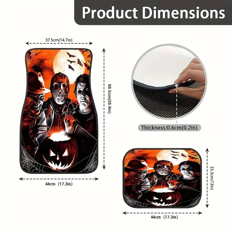 Halloween Horror Characters Floor Mats - Water-Absorbent, Non-Slip, Polyester Fiber, Spooky Pumpkin & Skull Design For Car Front