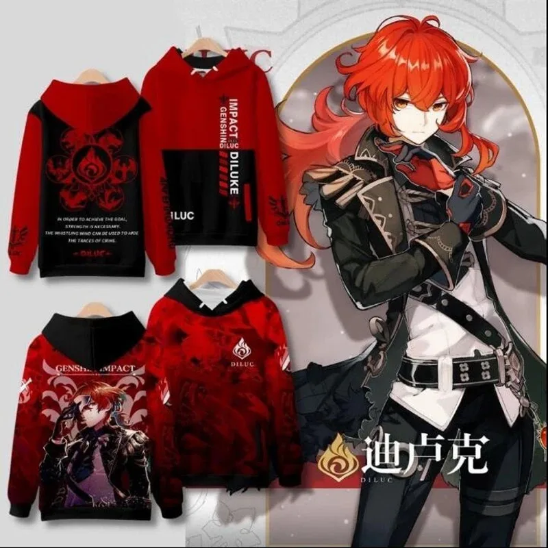 Anime Genshin Impact Diluc Cosplay Costume Unisex 3D Hoodie Sweatshirt Streetwear Hip Hop Zipper Hooded Jacket Male Tracksuit