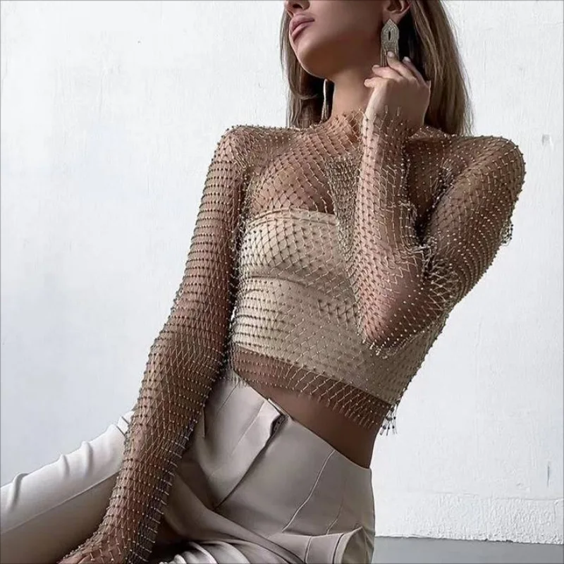 Kobiety Sexy Mesh See Through T Shirt Shiny Rhinestone Fishnet Hollow Out Crop Top Long Sleeve Beach Cover Up Party Club Tank Tops