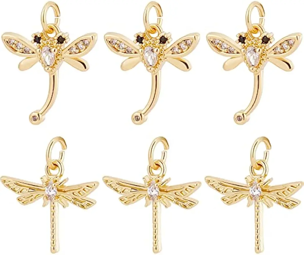 

12Pcs 2 Style Dragonfly Charms 18K Gold Plated Brass Flying Animal Charms with Clear Cubic Zirconia Insect Animal Pendants