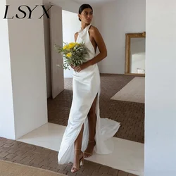 LSYX Customized Halter Sleeveless Simple Mermaid Wedding Dress Satin Open Back High Side Slit Floor Length Bridal Gown