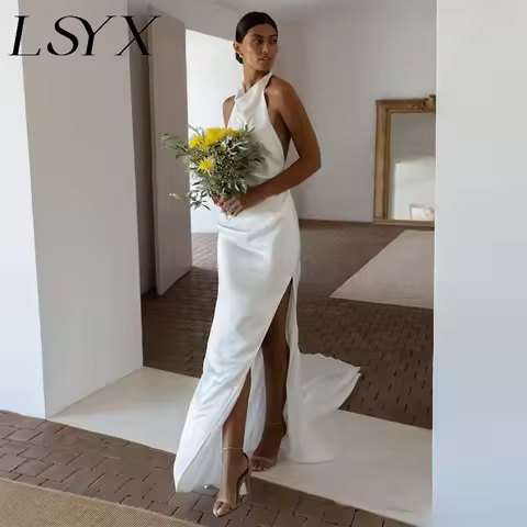 LSYX 맞춤형 홀터 민소매 심플 인어 웨딩 원피스 새틴 오픈 백 하이 사이드 슬릿 바닥 길이 신부 가운