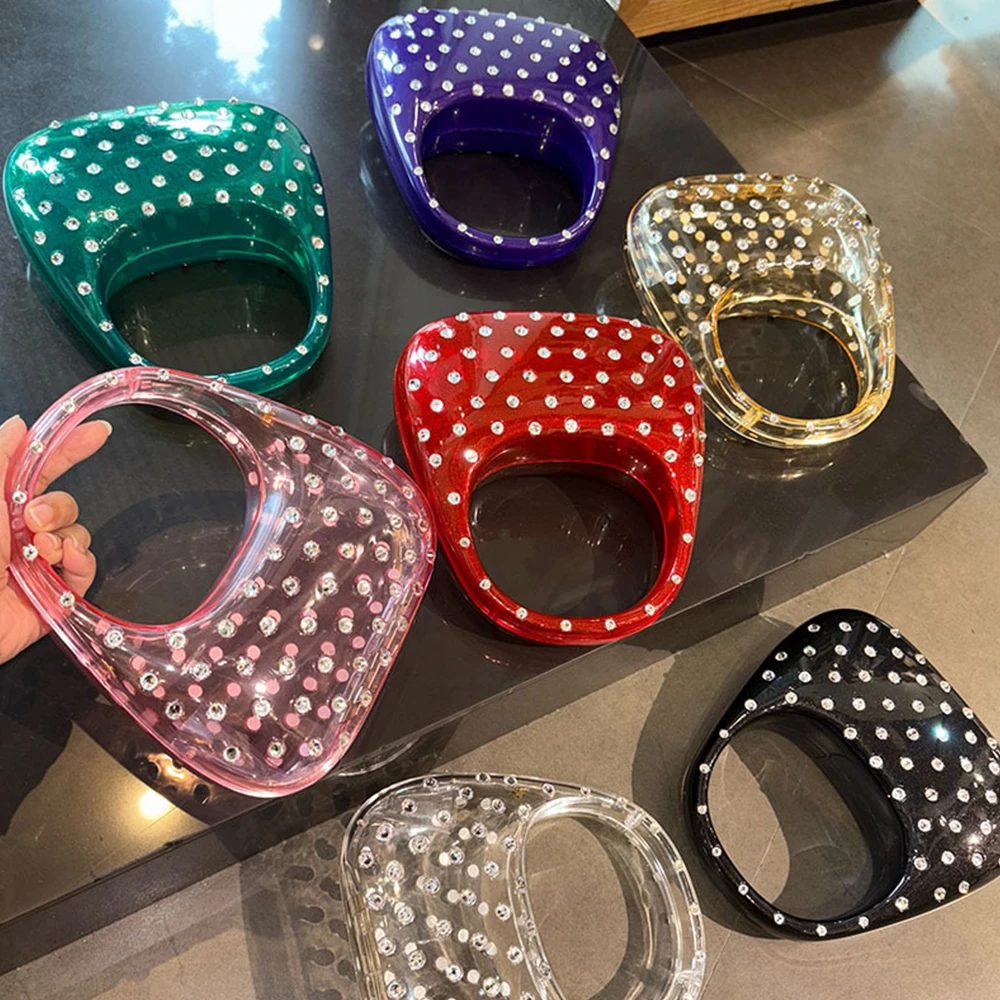 

Вечерние сумки ярких цветов с бриллиантовой коробкой для женщин, прозрачные акриловые сумки, сумка через плечо с кристаллами в горошек, клатч с зажимом в форме полумесяца