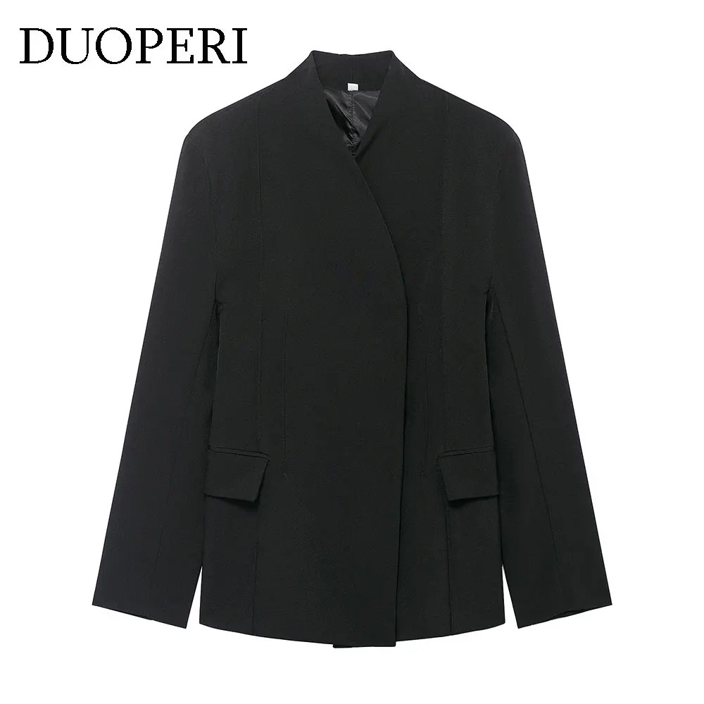

DUOPERI Women's With Pockets Black Blazer Vintage Long Sleeves V-Neck Female Office Lady Outfits