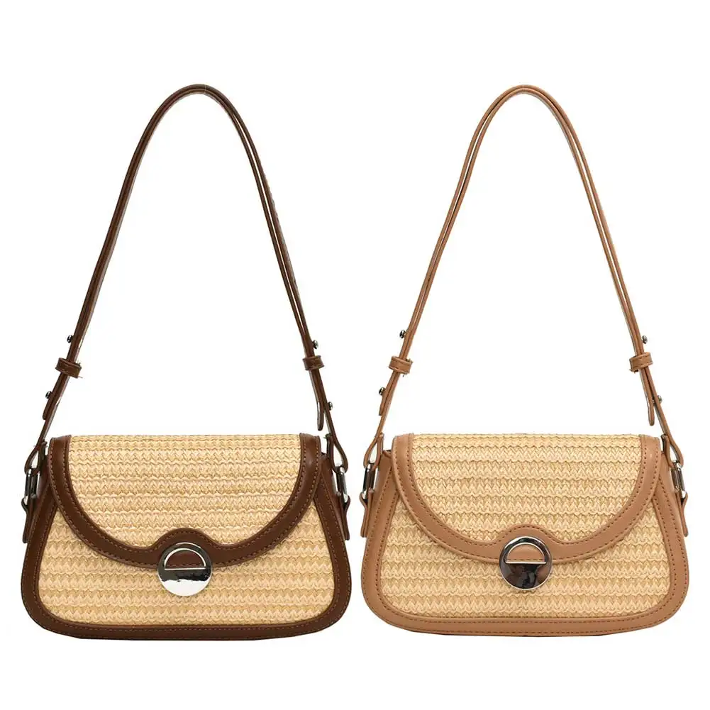 Bolsa tecido palha para mulheres, grande capacidade, bolsa crossbody elegante, patchwork, bolsa mensageiro simples, alça ajustável para praia de verão