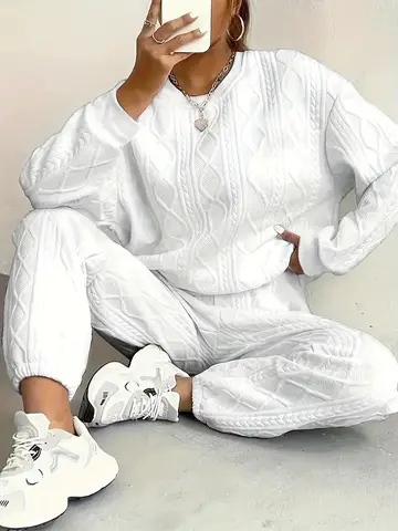 Plus Size Women's Twist Knit Textured Home Two-Piece Set, Comfortable Outfit for Autumn and Winter Casual Fashion Wear