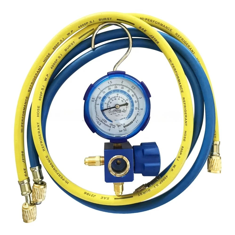 Air Conditioner Refrigerant Pressure Gauge R600 R410A R32 R134A R22 Single Manifold Gauge with Blue Yellow Red Charging Hose