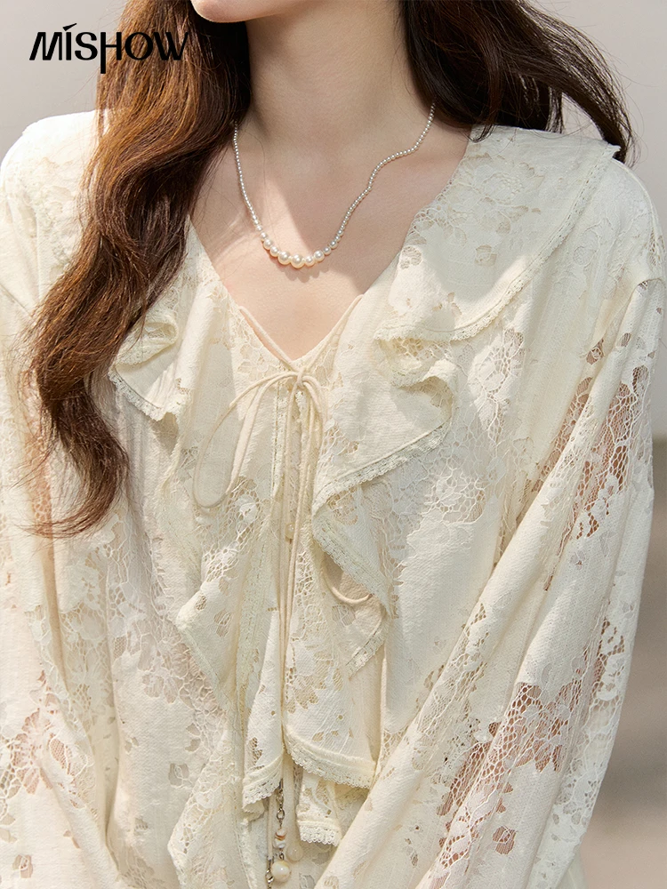 MISHOW French Style Lace Hollow Flower Embroidery Women's Blouse 2026 Spring New Ruffle Edge V-Neck Elegant Top MXF14X2541 view 4
