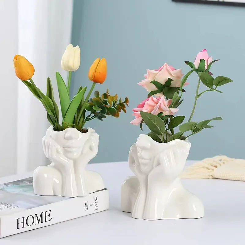 Ceramic Flower Vase Half Face Flower Pot Vase Shy Girl Ornament Flower Storage Living Room Desktop Decoration