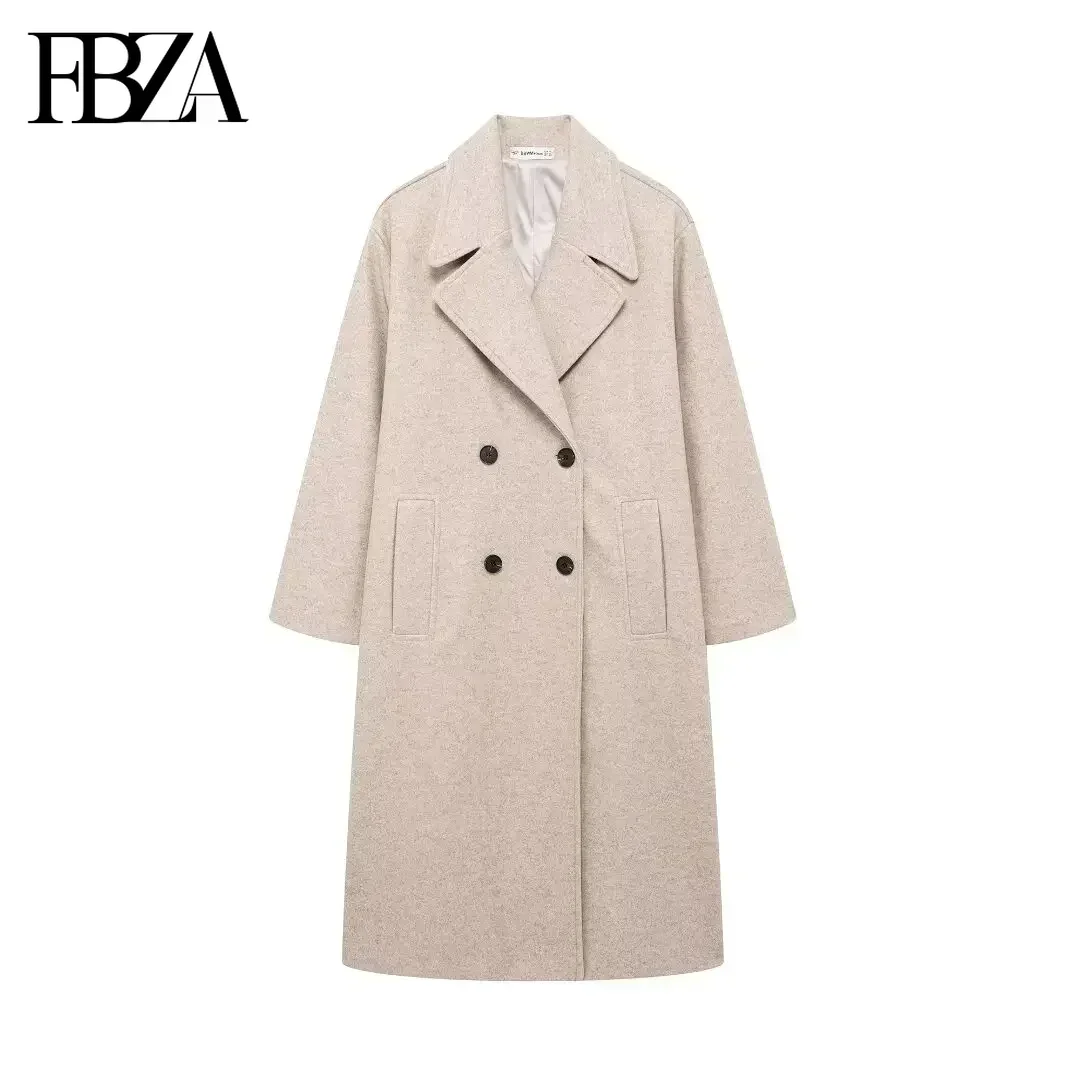 FBZA Women Fashion Autumn Winter 2024 New Wool Blend Warmth Loose Long Coat Jacket Double Breasted Lapel Overcoat Trench