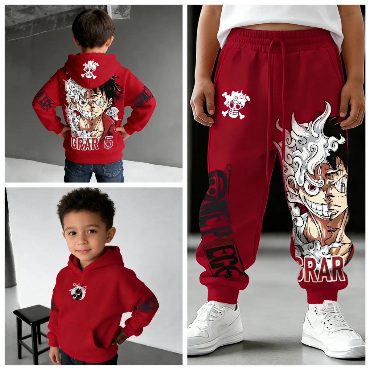 

Boys Spring Hoodie Set Red Cotton Fleece Lined Anime One Piece Luffy Character Print with Matching Harem Cuffed Pants for Kids