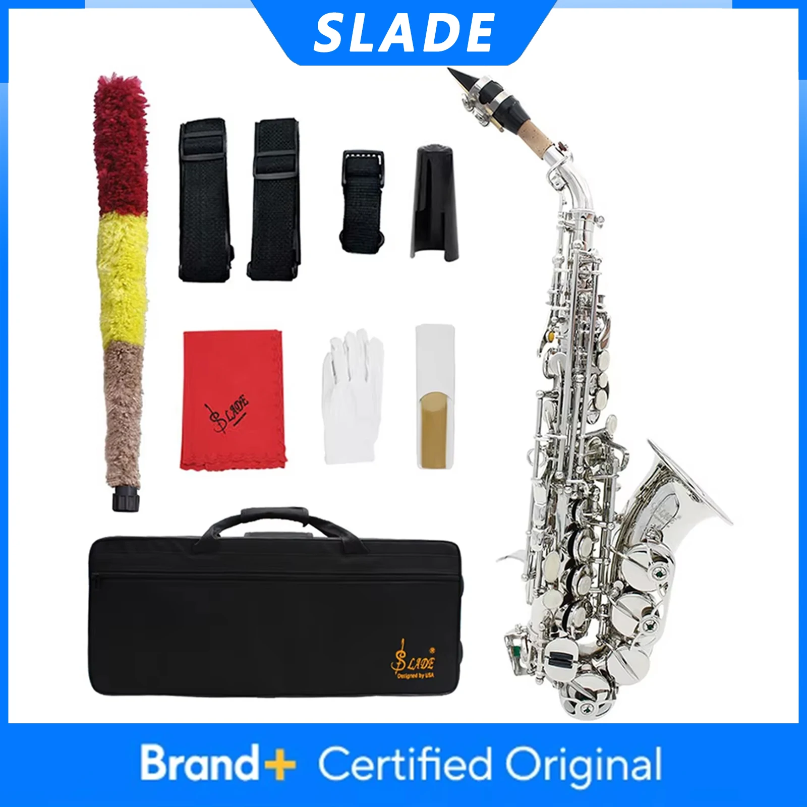 

SLADE Soprano Saxophone Brass Body Bb Sax S975S Silver Saxofone with Case Reeds Gloves Parts & Accessories Woodwind Instrument