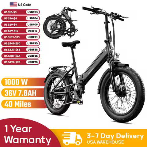 TST F00B Folding Electric Bike, 1000W motor, 36V 7.8Ah removable battery, 40 miles range, 25 MPH, 20" fat tires,rear rack.